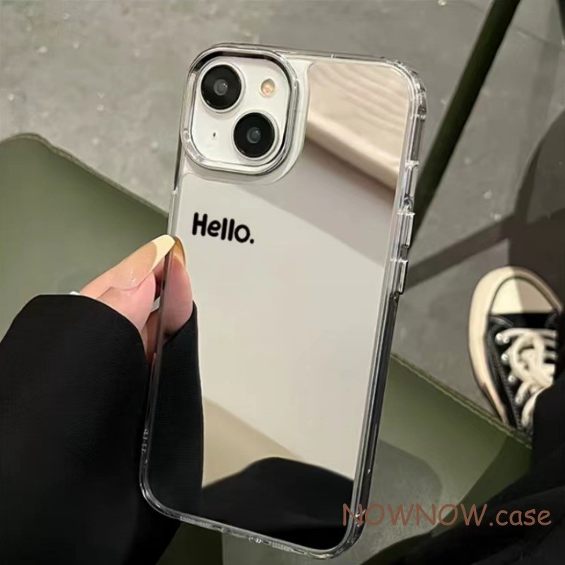 เคสโทรศัพท์มือถือ พร้อมกระจกแต่งหน้า ลาย Hello แบบพกพา สําหรับ iPhone 15 14 13 12 11 Pro MAX X XR XS MAX 7 8 Plus