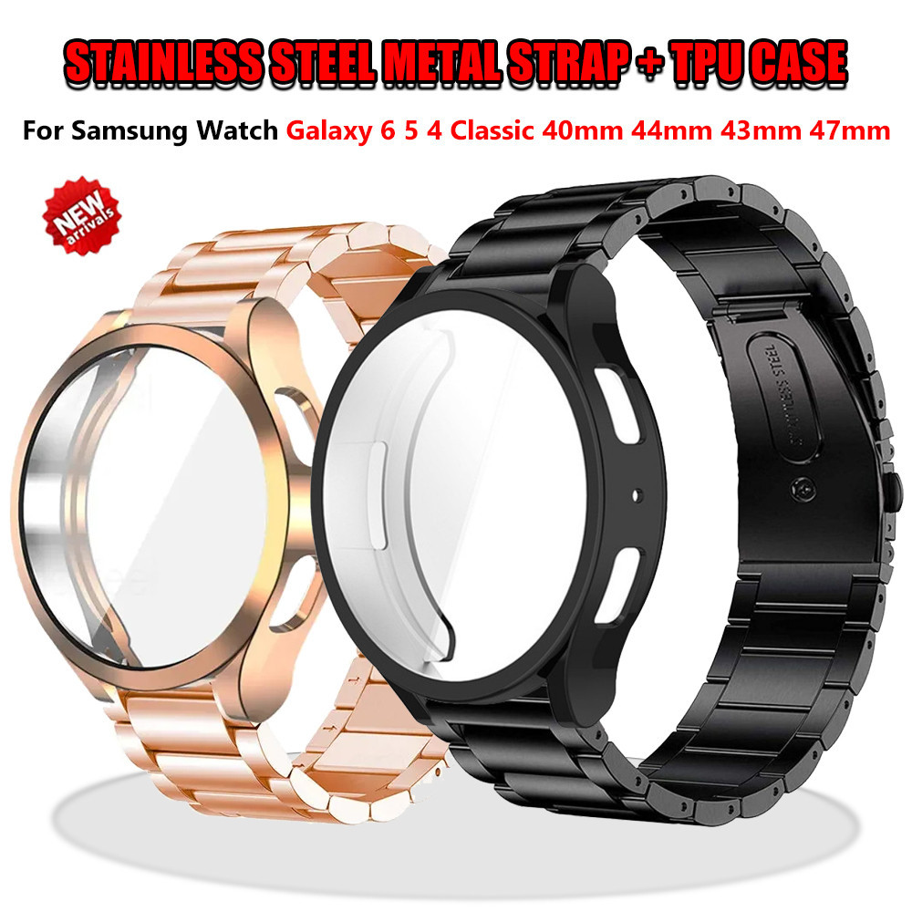 สายนาฬิกาข้อมือสเตนเลสคลาสสิกพร้อมเคส สําหรับ Galaxy Watch 6 5 4 ขนาด 44/40/46/42/43/47 มม. Galaxy 6 Classic