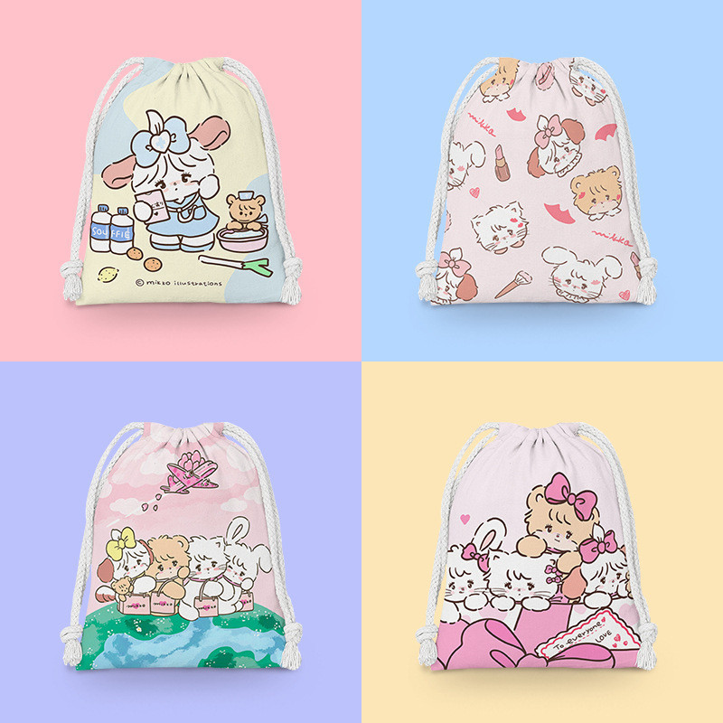 เหมียว เชือกรูด กระเป๋า เชือกรูด การ์ตูนถุงผ้าขนาดเล็กนักเรียนถุงเก็บของกระจุกกระจิกกระเป๋าเครื่องสําอางแบบพกพาถุงแป้ง