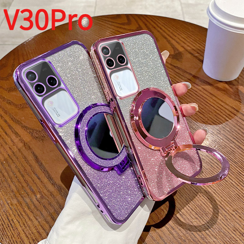 Magnetic Mirror Stand Holder Glitter แผ ่ นนุ ่ มโปร ่ งใสสําหรับ VIVO V30 V30e V29 V29e V27 V27e V25 V25e V23 V23e V21 V21e V20 Pro V19 V17 Neo V15 S1