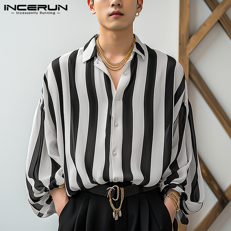 Incerun เสื้อเชิ้ตลําลอง แขนทรงโคมไฟ ลายทางแนวตั้ง สไตล์เกาหลี สําหรับผู้ชาย