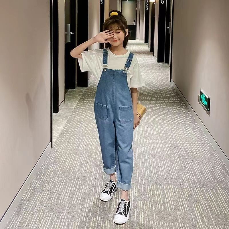 ชุดเอี๊ยมกางเกงยีนขายาว ทรงหลวม ขนาดใหญ่ สําหรับเด็กผู้หญิง อายุ 120-170 ปี มี 4 ช่อง