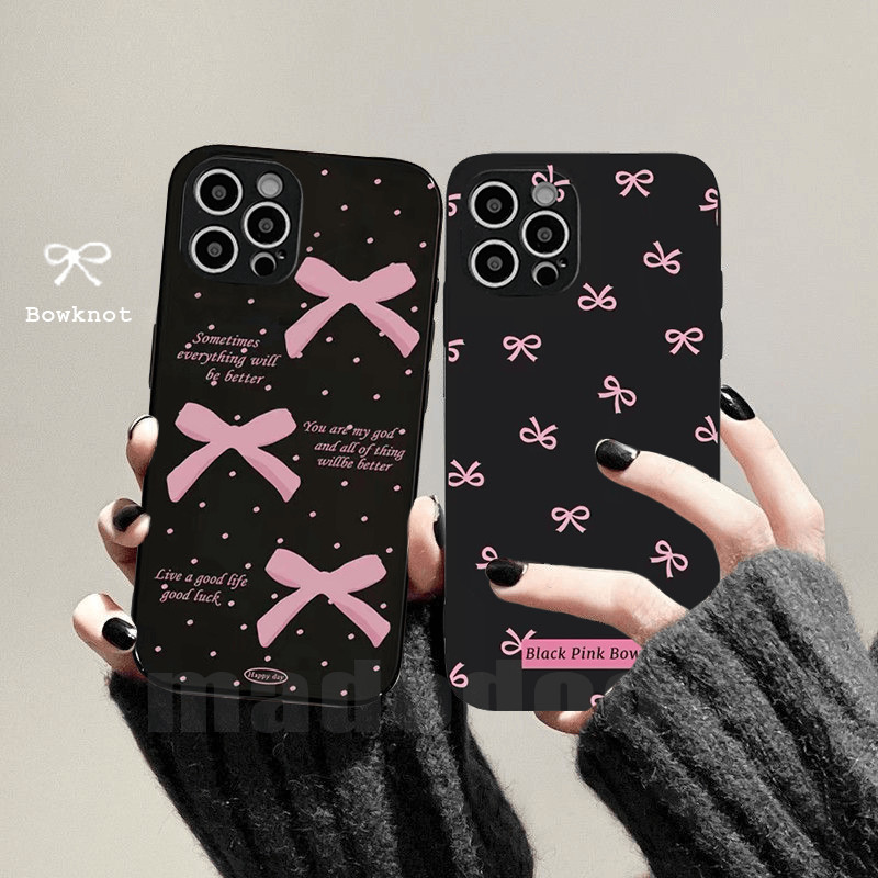 Casing iPhone 15 14 Plus 13 12 11 Pro Max 6 6S 7 8 X XR Xs Mini 15Pro Max 14ProMax 13ProMax 12ProMax 11ProMax 8+ 7+ 6+ 6s+ Ballet Style Pink Polka Dot bowknot ribbon Anti-fall Dirt-proof Black straight edge Soft Phone Case 1MDD 67