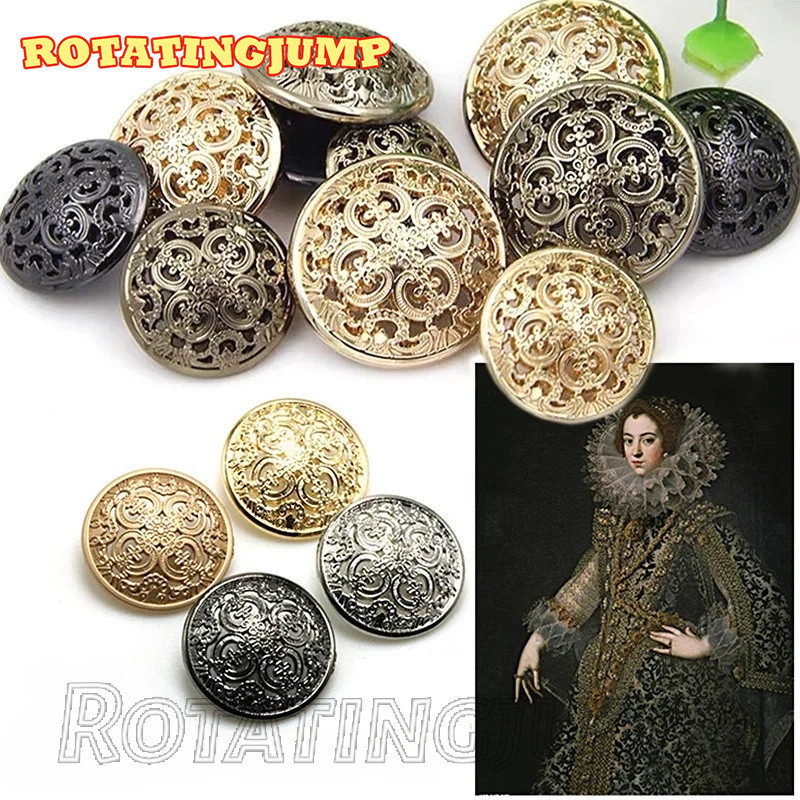 กระดุมโลหะแกะสลัก ทรงกลม สีทอง สไตล์ยุโรป แฮนด์เมด DIY สําหรับเสื้อโค้ท เสื้อเชิ้ต 10 ชิ้น