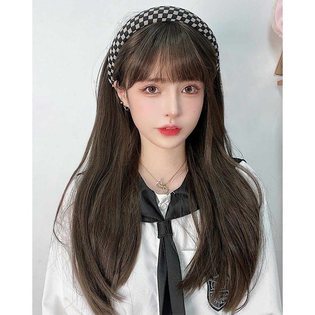 GDS Wigs วิกผมตรงสีน้ำตาลหม่นประกายเทา มีหน้าม้า ปลายสไลด์ (ยาว 60 cm) แถมเน็ตผม