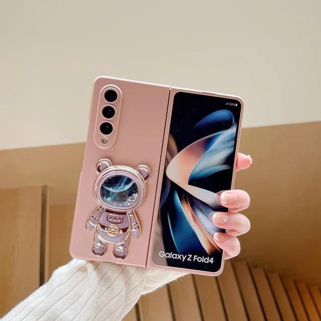 สําหรับ Samsung Galaxy Z พับ 8 Ultra 7 6 5 4 3 2 5G โทรศัพท์มือถือกรณีแฟชั่นน่ารัก Star Quicksand Space นักบินอวกาศวงเล็บขาตั้ง Matte Skin Cover