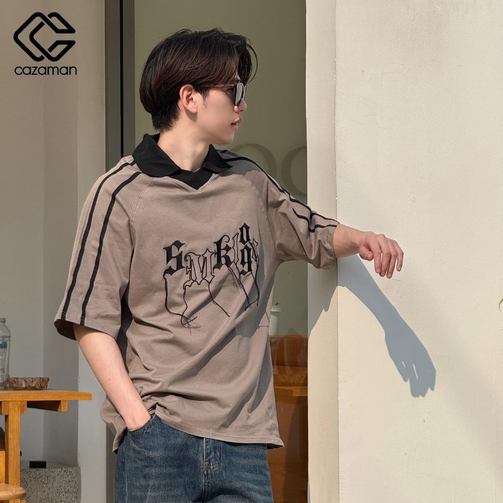 CAZAMAN เสื้อโอเวอร์ไซส์ เสื้อยืดคอกลม สีพื้น​ แขนสั้นสีขาว ทรงโอเวอร์ไซส์ 2174