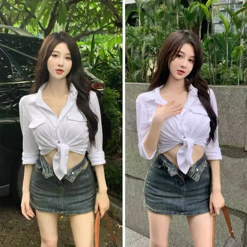 เสื้อเชิ้ตผู้หญิงคอปกโพลโอแขนยาว สีขาว ดีไซน์สวยงาม