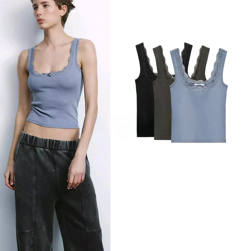 2025 ฤดูใบไม้ผลิใหม่ผู้หญิงลูกไม้ตัดกว้างสลิงสั้นด้านบน 1660300