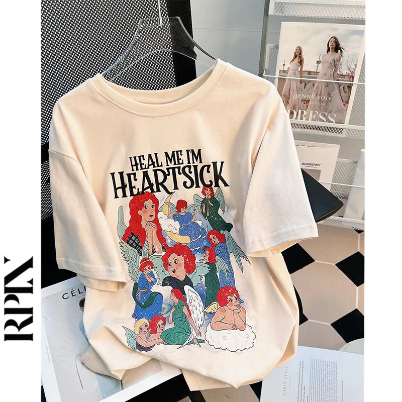 เสื้อยืดลายการ์ตูนผู้หญิงน่ารักๆ  เสื้อผ้าแฟชั่นวินเทจ เสื้อโอเวอร์ไซต์สกําลังฮิตใหม่ล่าสุด