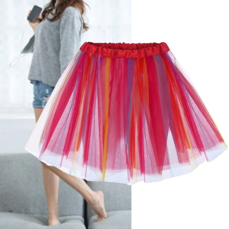 Camp Womens Layered Pleated Tulle Skirt Rainbow Tutu Skirt Rainbow Puffy Skirt