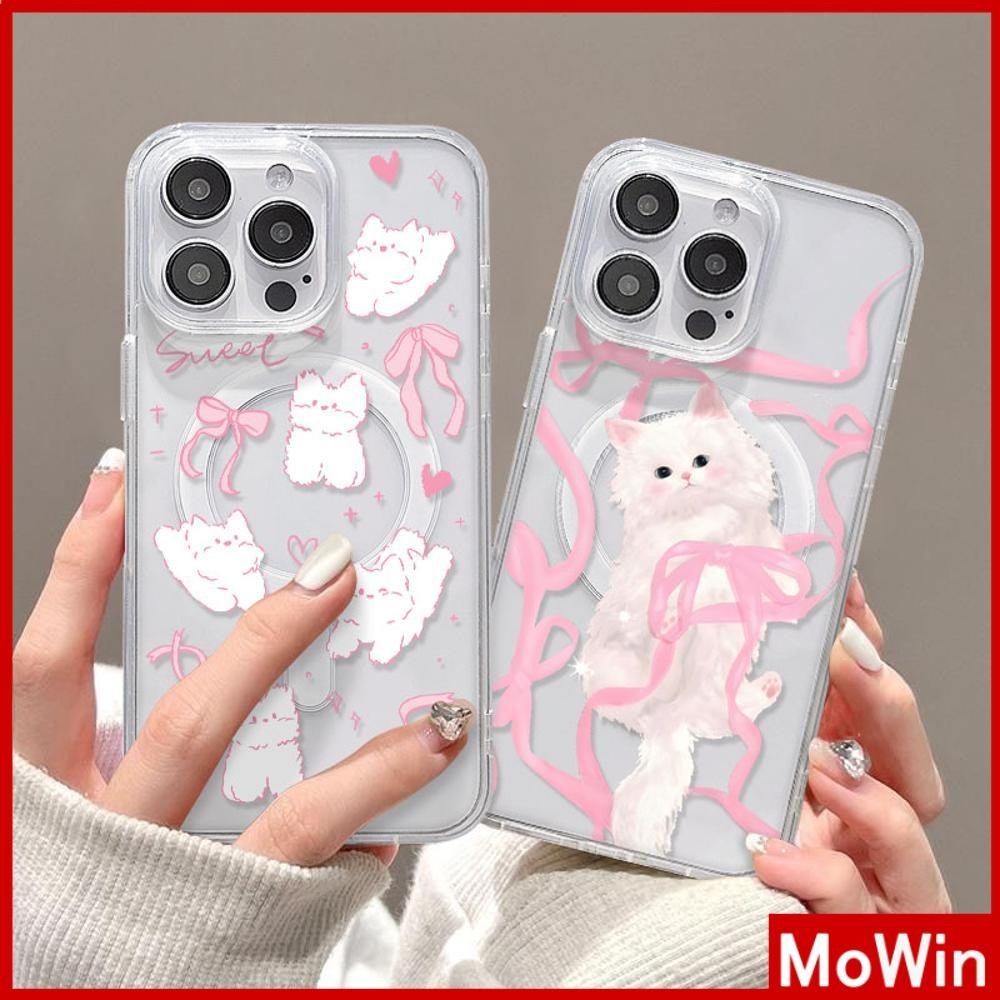 Mowin - สำหรับ iPhone 15 PRO MAX เคส iPhone 11 เสริมสร้างแม่เหล็กอะคริลิคใสกระดานแข็ง TPU กรอบนุ่มกันกระแทก ลูกแมวสีชมพูน่ารัก เข้ากันได้กับ iPhone 14 13 12 11 XS XR 7Plus 8Plus