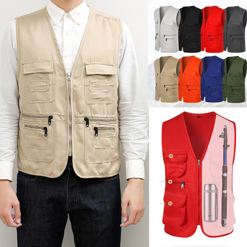ขายส่งราคาต่ำ！ ！ เสื้อกั๊ก Multi Pocket ราคาถูกสำหรับผู้ชาย แคมป์ปิ้ง / เดินป่า / ตกปลาทะเล ขนาดชายและหญิง L-3XL