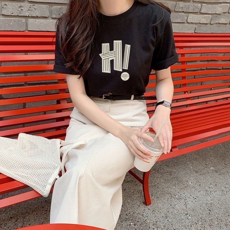 Shop_mk เสื้อยืด คอกลม แขนสั้นงานพิมพ์ ลาย ผ้านิ่ม ลายHI เก๋ๆ สไตล์เกาหลี #9657