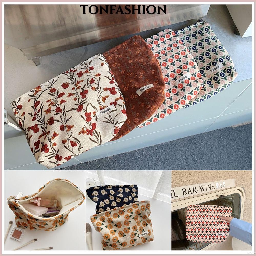 Tonfashion กระเป๋าเครื่องสําอาง ผ้าลูกฟูก แบบพกพา สําหรับผู้หญิง