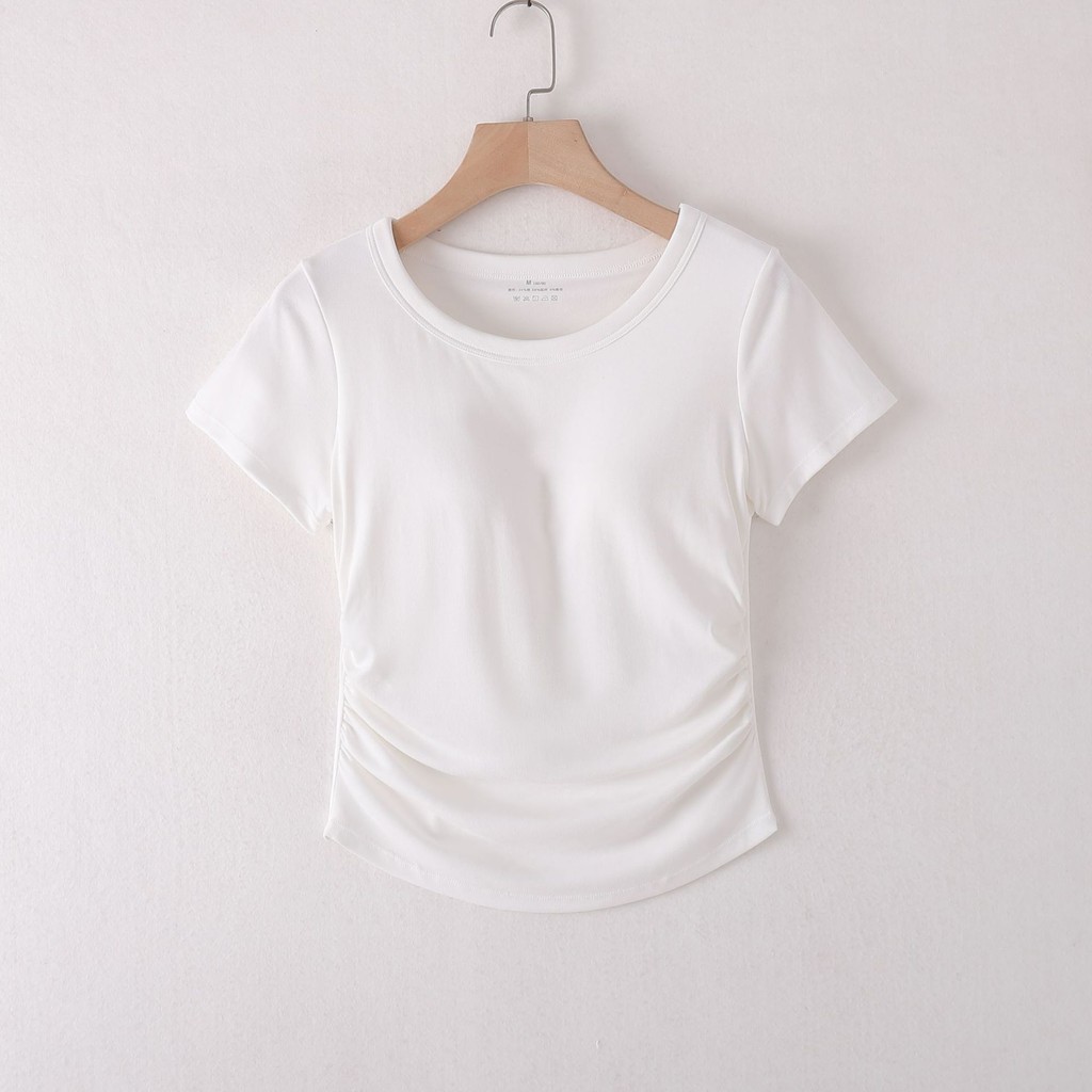 เสื้อครอปท็อป คอกลม แขนสั้น เสริมฟองน้ํา พรีเมี่ยม สําหรับผู้หญิง