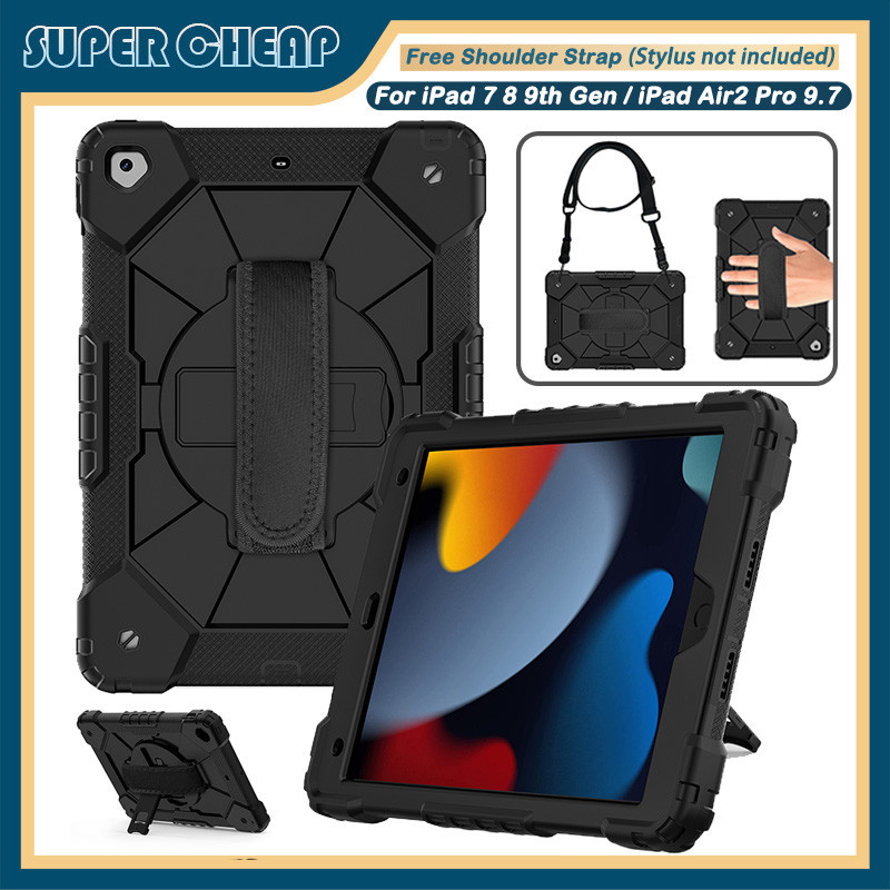เคส สําหรับ iPad 6 7 8 9th Gen 10.2 2019 2020 2021 Air2 Pro 9.7 2017 2018 360° เคสกันกระแทก พร้อมสายคล้องมือ หมุนได้ สําหรับงานหนัก
