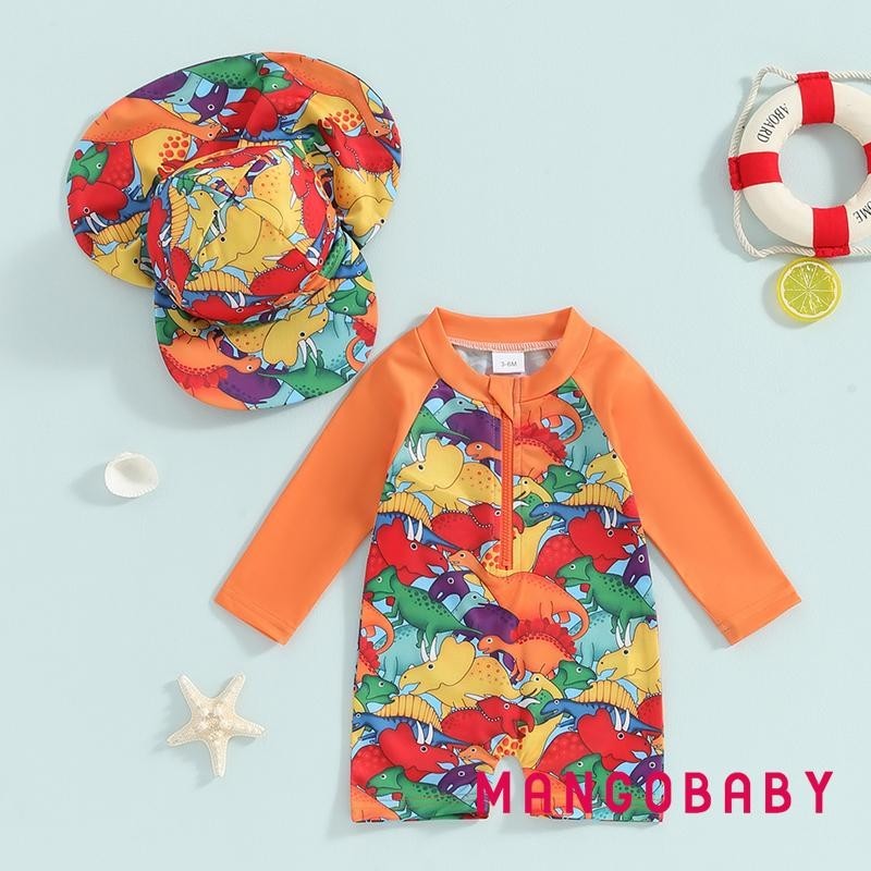 Mg-toddler Boys Rash Guard แขนยาวเต่า/ไดโนเสาร์พิมพ์ Rompers พร้อมหมวกว่ายน้ํา
