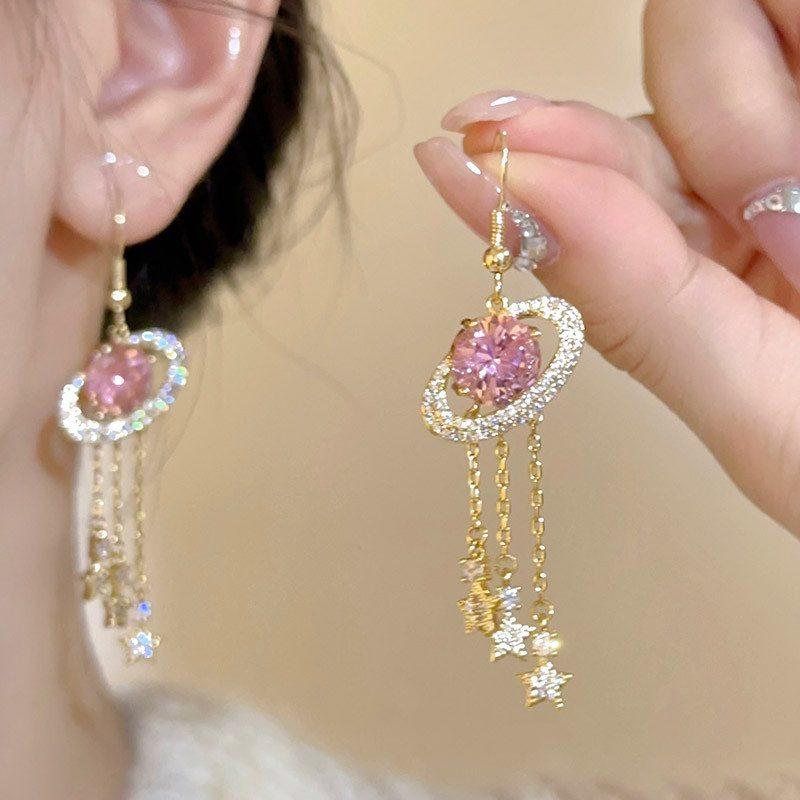 ต่างหูแฟชั่น รูปดาวเคราะห์ ประดับพลอยเทียม สีชมพู