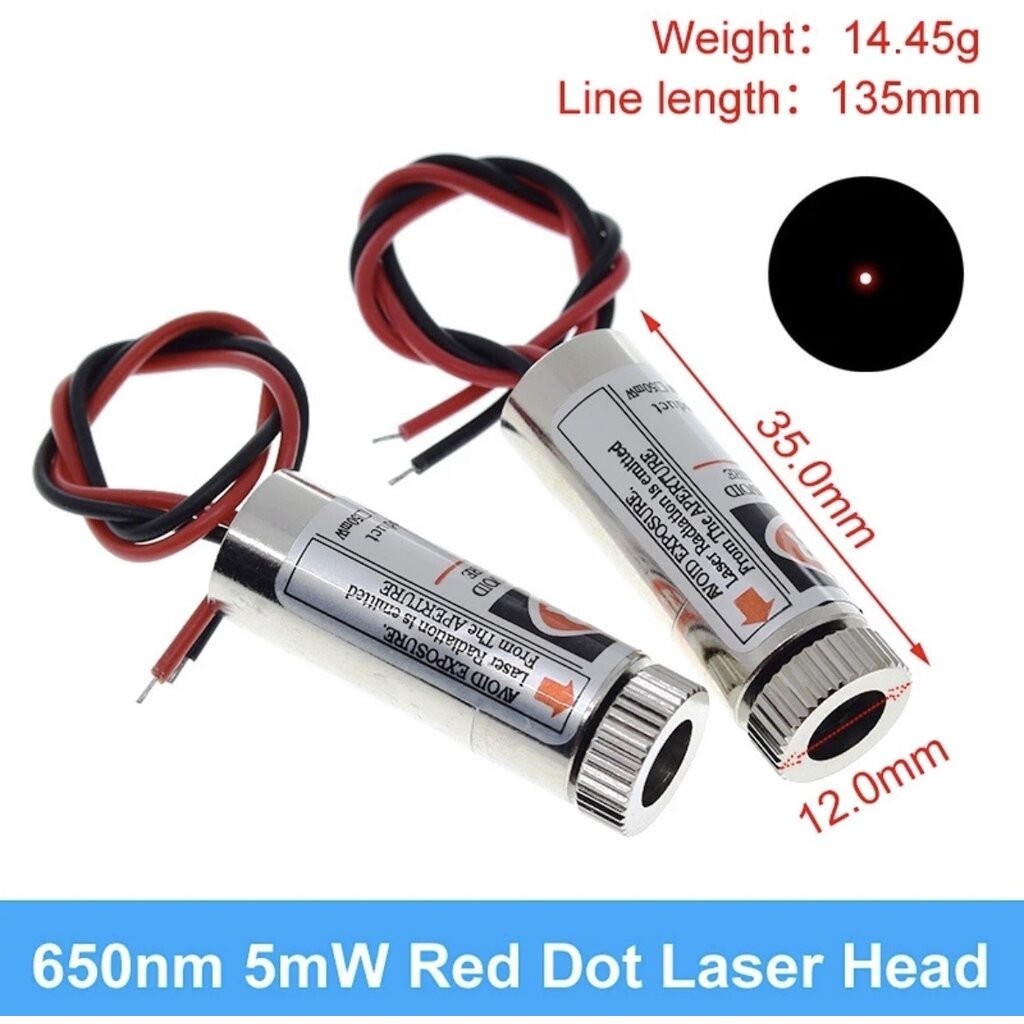Point laser 5mW 12mm tube 650nm เลเซอร์สีแดง 5mW แบบจุด 3-5V ปรับโฟกัสได้