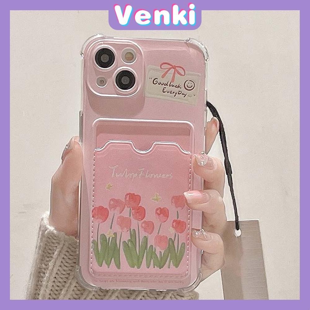 VENKI - สำหรับ iPhone 15 Pro Max iPhone 11 เคสใส่การ์ดเคส ทีพียูซอฟท์เคลียร์ เคสใส่การ์ด ถุงลมนิรภัยกันกระแทก ดอกไม้รักษาสีชมพู เข้ากันได้กับ iPhone 14 13 12 11 Pro Max Plus XR XS