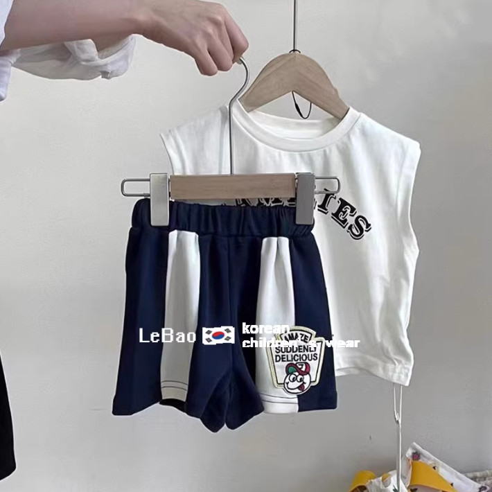 ชุดเสื้อกล้ามแขนกุด กางเกงขาสั้น ผ้าฝ้ายบริสุทธิ์ ขนาดเล็ก สองชิ้น แฟชั่นฤดูร้อน สําหรับเด็กผู้ชาย
