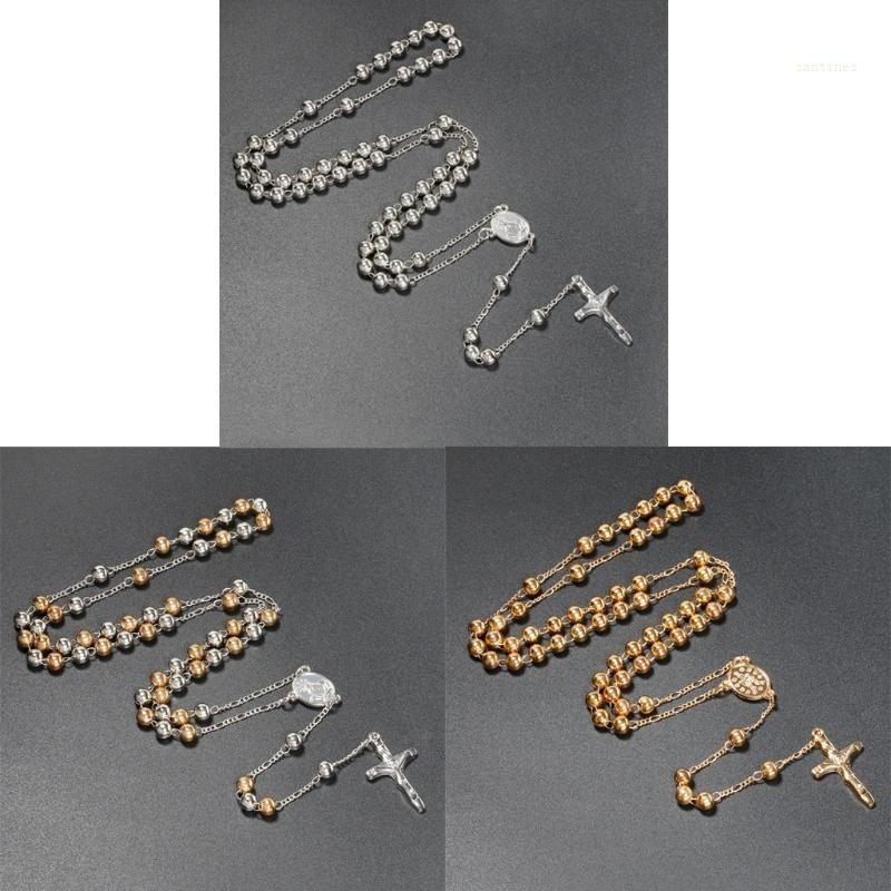 San* สร้อยคอลูกปัดลูกประคํา 6 มม. พร้อมจี้พระเยซูคริสต์ สําหรับจี้กางเขน