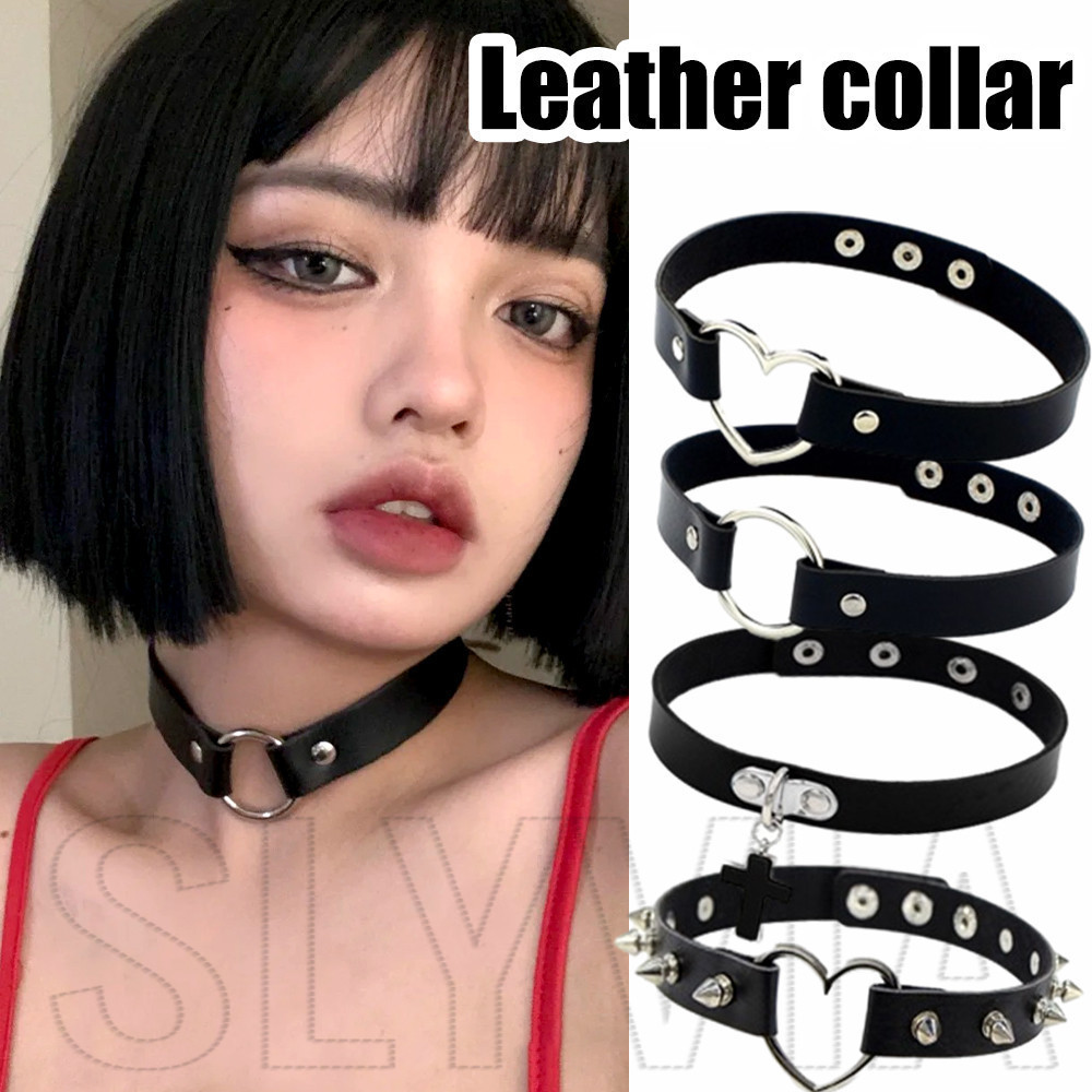 Sfse - สร้อยคอร็อค หมุดย้ํา - พังก์, โกธิค, ฮิปฮอป - โซ่ล็อคคอหัวใจ สีดํา - อุปกรณ์เครื่องประดับ - สําหรับผู้หญิง ผู้ชาย - สร้อยคอโชคเกอร์ หนัง PU