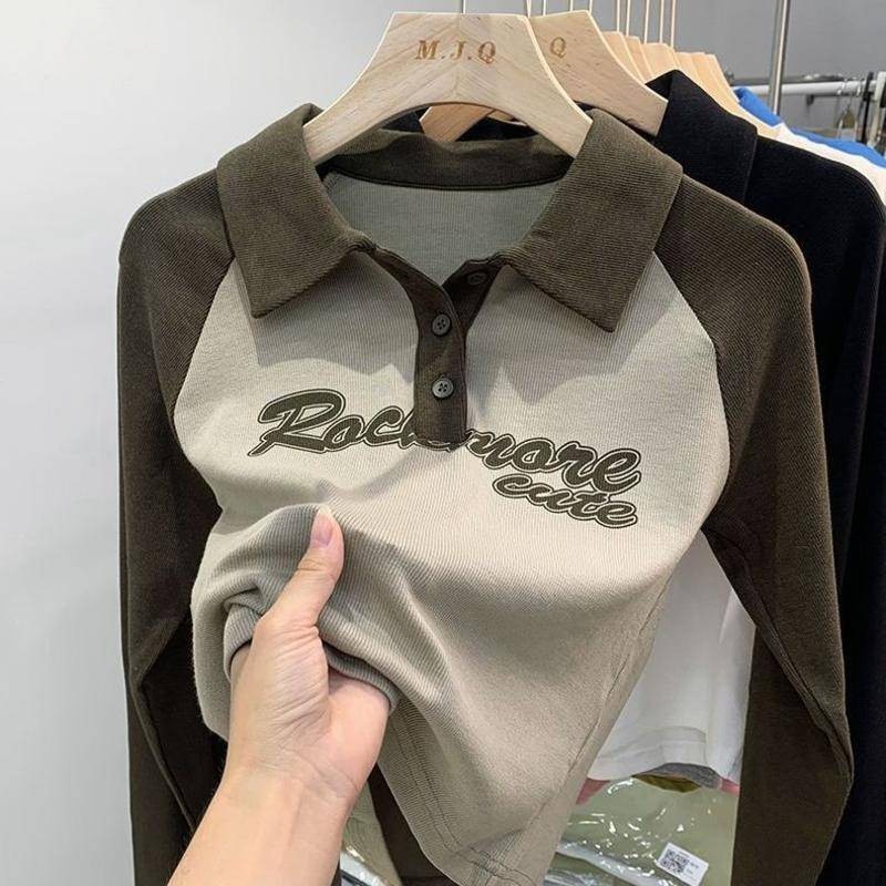 เสื้อยืดโปโล แขนยาว เปิดไหล่ สไตล์เรโทร สําหรับผู้หญิง