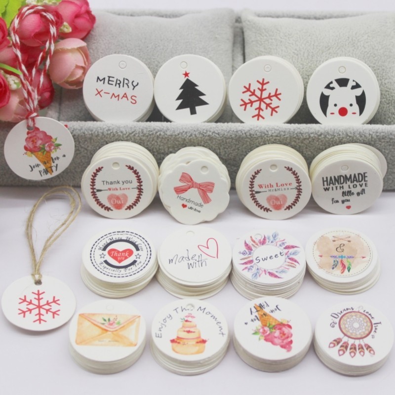 การ์ด 100 ใบ + เชือก 100 เส้น ทรงกลม 3 ซม. ป้ายฉลาก ลายดอกไม้ สีขาว น้ําตาล ของขวัญแต่งงาน