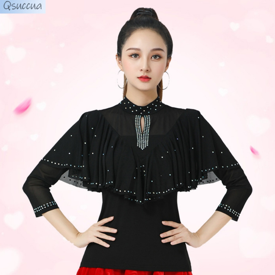 เสื้อแขนยาว คอตั้ง ประดับเพชร ทรงสี่เหลี่ยม เหมาะกับเต้นรําละติน หรูหรา สําหรับผู้ใหญ่