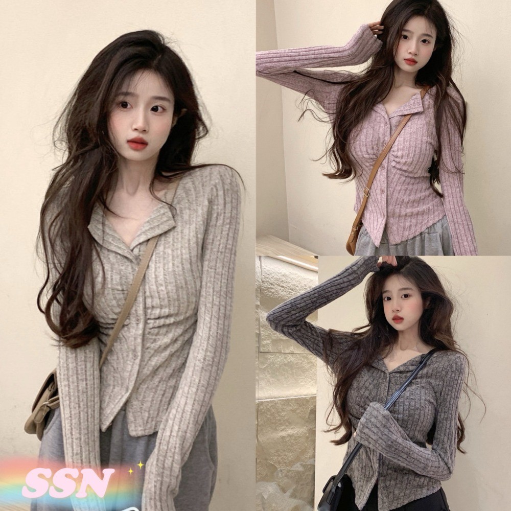 ShineSatin จัดส่งในกรุงเทพฯ ฤดูใบไม้ร่วงสั้นผู้หญิงถักคาร์ดิแกน สามสีสามารถเลือก 039