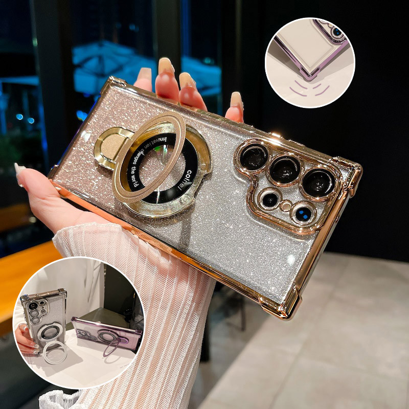 หรูหราไร้สายชาร์จสําหรับ Samsung S23 S24 FE S25 S26 S22 Plus S24 Ultra Glitter แหวนแม่เหล็กวงเล็บฝาครอบโปร่งใส