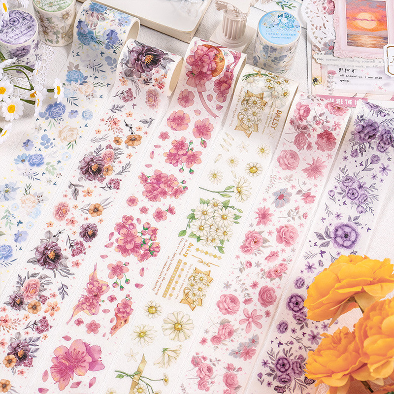 Journamm เทปวาชิ ลายดอกไม้ 50 มม.*2 ม. สําหรับตกแต่งสมุดภาพ เครื่องเขียน DIY