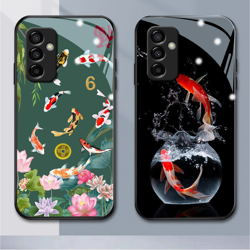 เคสโทรศัพท์มือถือแบบแก้ว ลายปลาคราฟ ดอกบัว สําหรับ Samsung A345G A01 A02 M02 A03 A04 A11 M11 A135G A