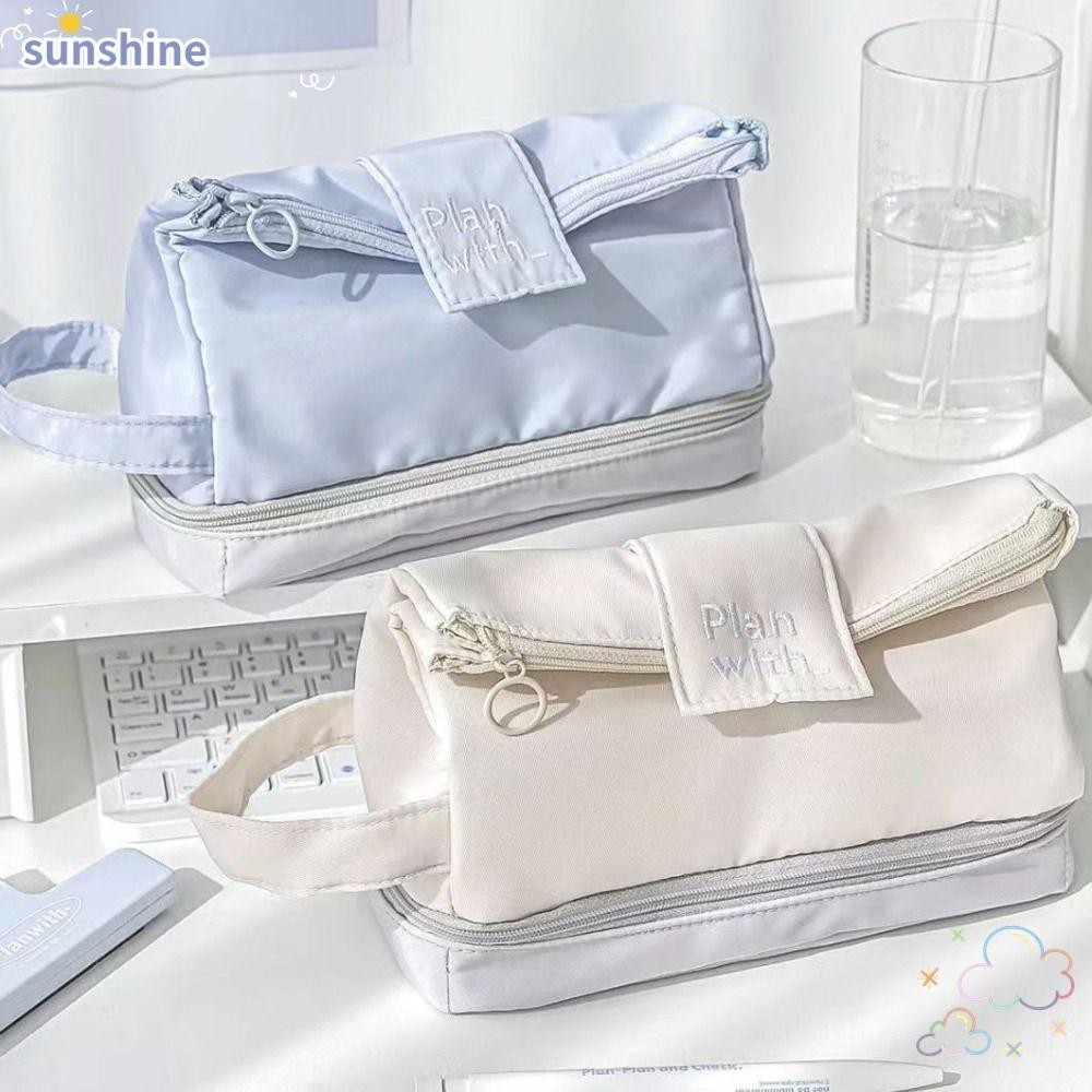 Ssunshine กระเป๋าเครื่องเขียน กระเป๋าดินสอ ปากกา สองชั้น พับได้ ความจุขนาดใหญ่ แบบพกพา สําหรับนักเรียน สํานักงาน โรงเรียน