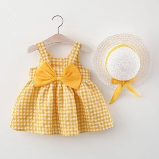 YY226 ชุดกระโปรงเด็ก+หมวก พร้อมส่ง 2ชิ้น ชุดเดรสเด็กผู้หญิงลายสก๊อต ใส่ไม่ร้อน ไซส์ (5เดือน－4ขวบ) ร้านไทยพร้อมส่ง