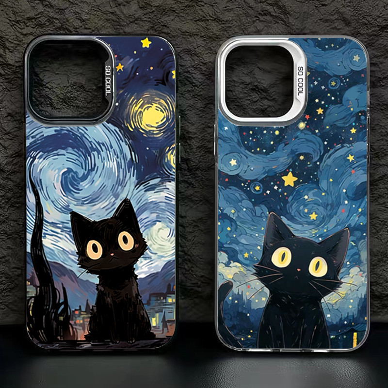 เคสแข็ง เนื้อแมตต์ กันกระแทก ลายแมว ท้องฟ้ากลางคืน สีดํา สําหรับ Samsung Galaxy S24 S23 Ultra S22 Plus S21 FE Note 20 S20