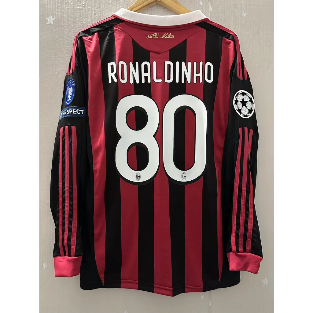 เสื้อกีฬาแขนยาว ลายทีมชาติฟุตบอล RONALDINHO MALDINI 09-10 AC Milan ชุดเหย้า คุณภาพสูง สไตล์เรโทร