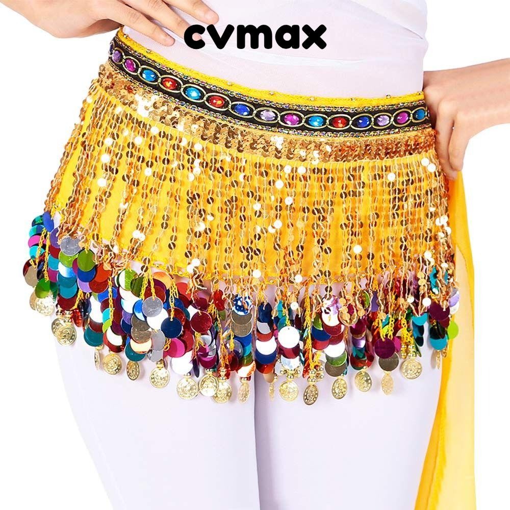 Cvmax เข็มขัดเต้นรําหน้าท้อง,สําหรับประเทศไทย/อินเดีย/Arab พู่ผ้าพันคอสะโพก,เลื่อมเงา Rhinestone เอวโซ่ผู้หญิง