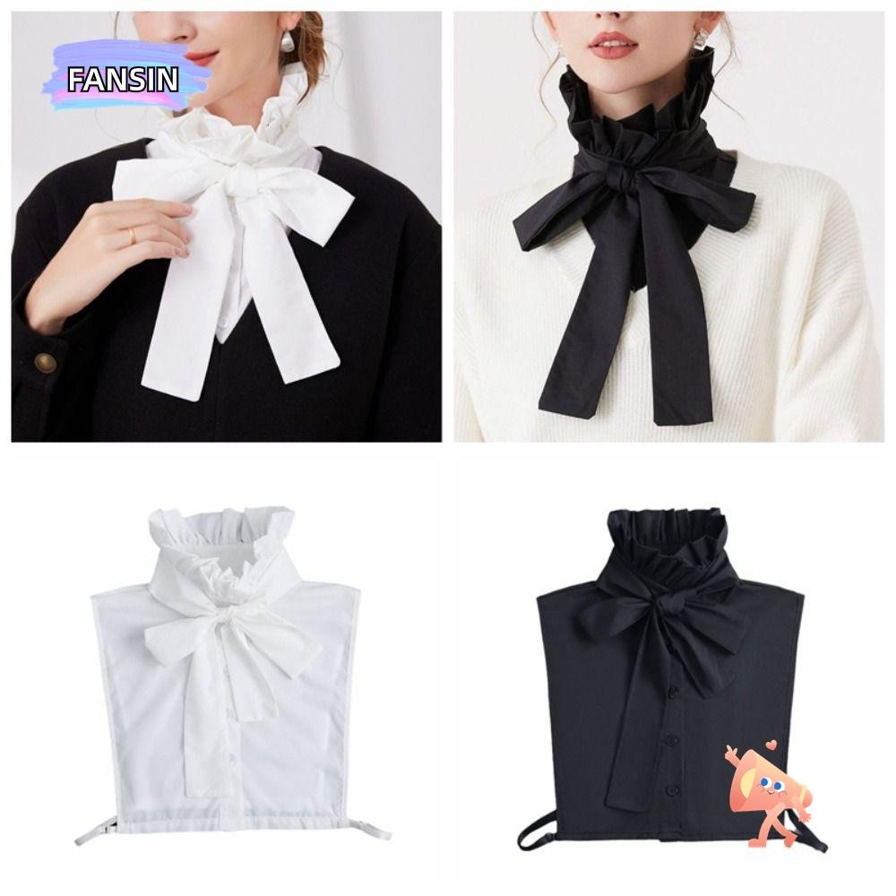 แฟนซิน ปลอกคอปลอม,การตกแต่งโบว์นัวเนียผ้าฝ้ายที่ถอดออกได้,เสื้อเชิ้ตสีดําปกเท็จอุปกรณ์เสื้อผ้า