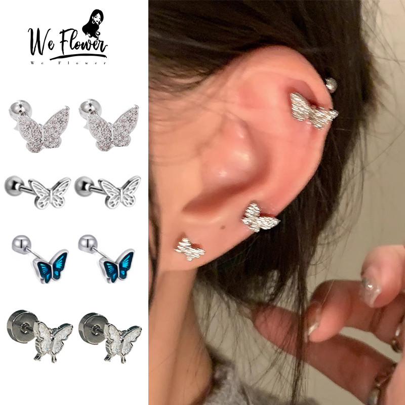 We Flower ที่ละเอียดอ่อน s925 เงิน Shining คริสตัลผีเสื้อสกรูต่างหูผู้หญิง Pierced หู Studs เครื่องประดับ