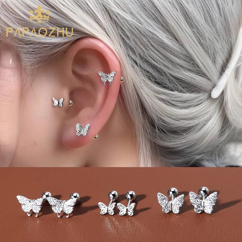 Papaozhu เกาหลี S925 เงินประกายคริสตัลผีเสื้อ Pierced สกรูต่างหูผู้หญิง Hypoallergenic หู Studs เครื่องประดับ