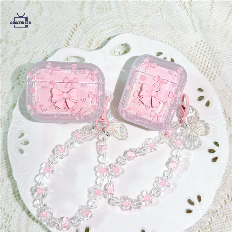 ชุดหูฟังฝาครอบป้องกัน เคสหูฟังสีชมพูโบว์ เคสหูฟังบลูทูธแบบใส เหมาะกับ AirPods Pro 2 1/2 3 pro