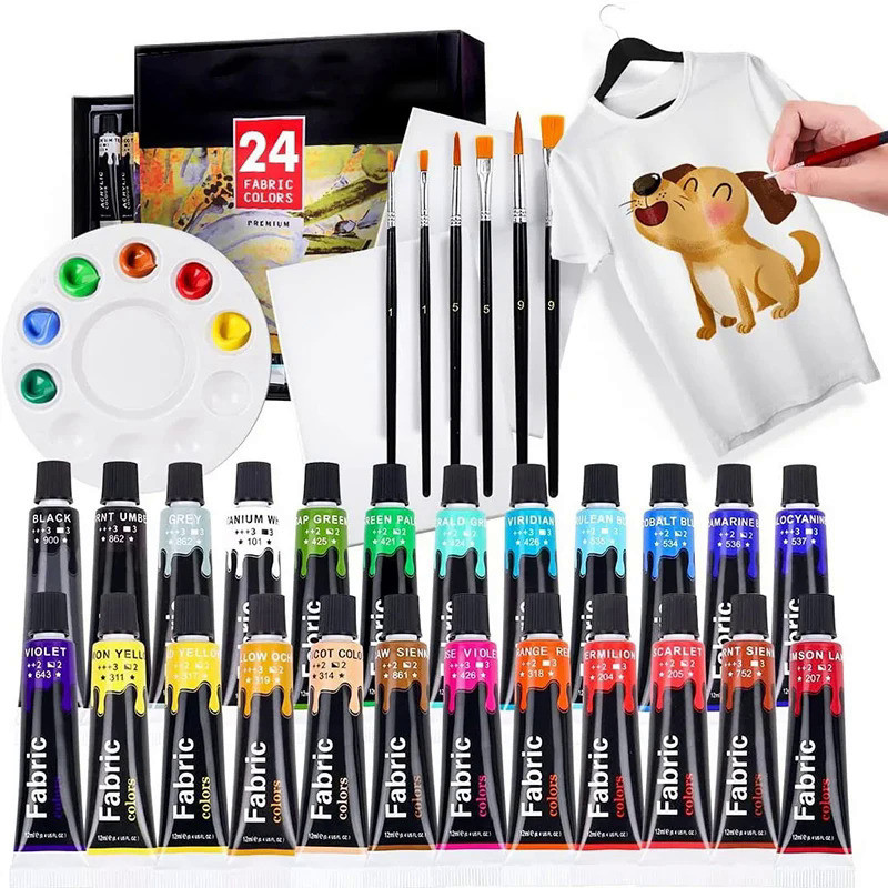 12/24 Colors Fabric Paint Set for Clothes with 6 Brushes, 1 Palette,Permanent Textile Puffy Paint Ki