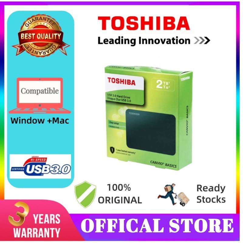 Toshiba 2TB 1TB ฮาร์ดไดรฟ์ภายนอก USB 3.0 ฮาร์ดดิสก์ภายนอกแบบพกพา Canvio Basics