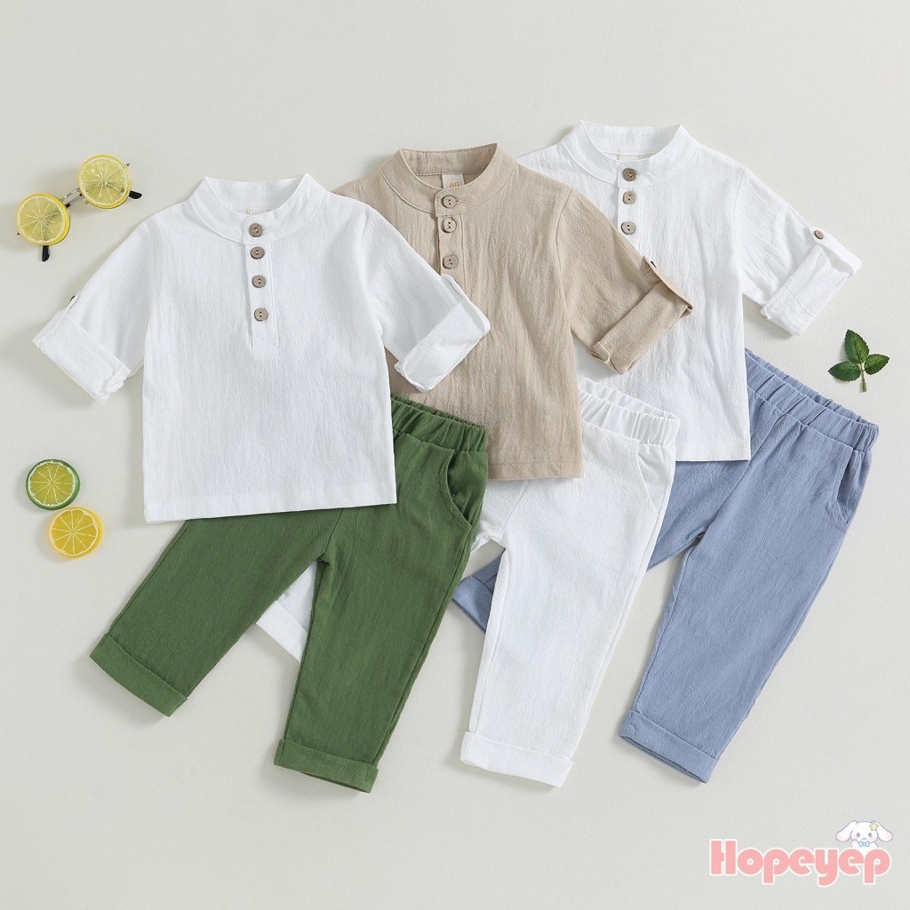 Zjtjj- ชุดเสื้อเชิ้ตแขนสั้น กางเกงขายาว เอวยางยืด สีพื้น แฟชั่นฤดูร้อน สําหรับเด็กผู้ชาย 2 ชิ้น
