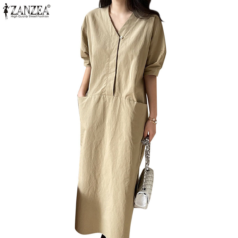 Zanzea ชุดเดรส คอวี แขนตก มีกระเป๋า สีพื้น สไตล์เกาหลี สําหรับผู้หญิง