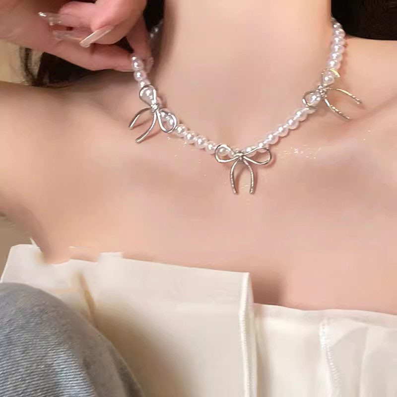 สร้อยคอยาว ประดับโบว์ ไข่มุก สไตล์ฝรั่งเศส หรูหรา