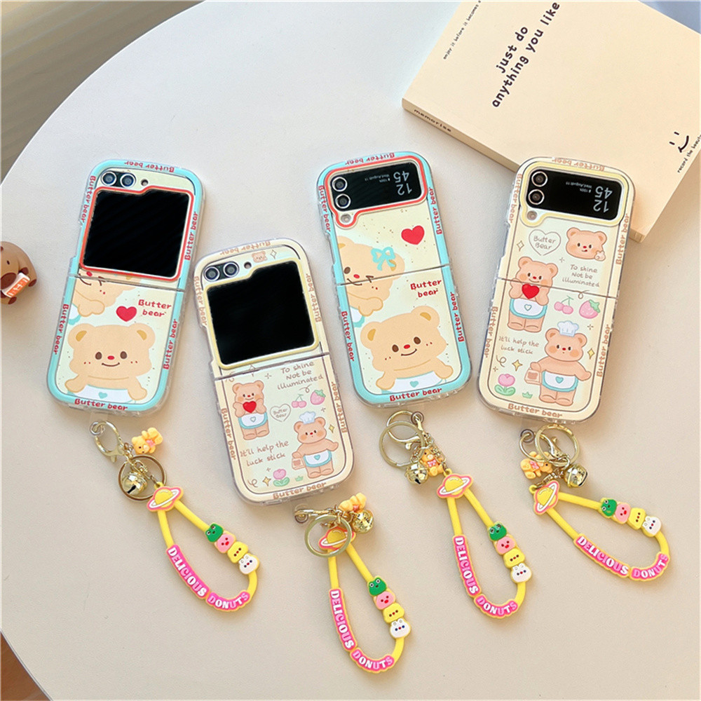 เคสโทรศัพท์มือถือ ซิลิโคนนิ่ม Tpu กันกระแทก ลายการ์ตูนหมีน่ารัก พร้อมสายคล้องมือ สไตล์เกาหลี สําหรับ Samsung Galaxy Z Flip 5 5G Z Flip 4 Z Flip 3